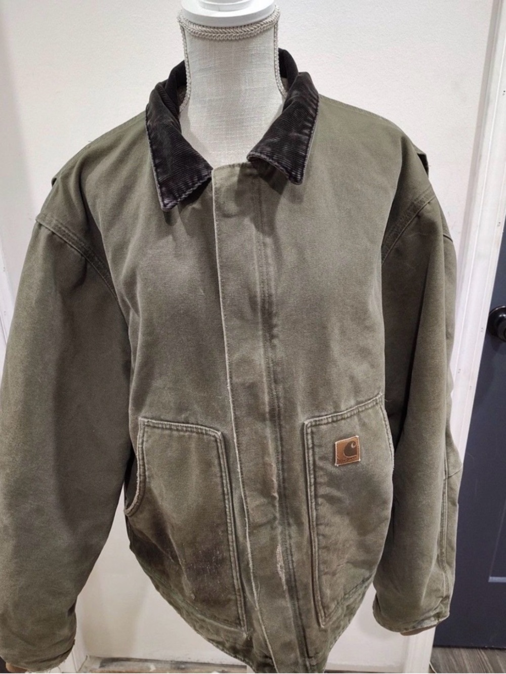 Carhartt Olive Work Jacket with Dark Brown Corduroy Collar